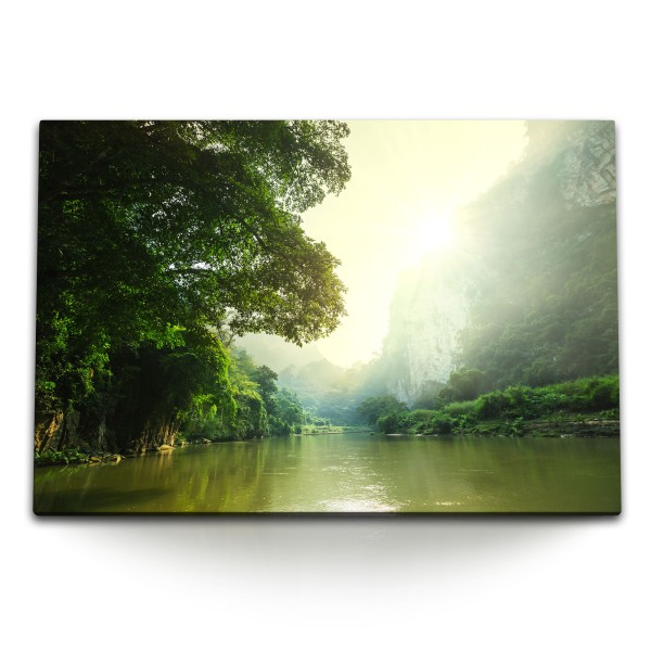 Paul Sinus Art 120x80cm Wandbild auf Leinwand Fluss im Dschungel Laos Natur Grün Tropisch