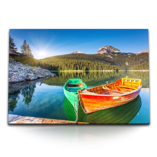 120x80cm Wandbild auf Leinwand Schweden Boote See Natur Tannenwald Sonnenschein