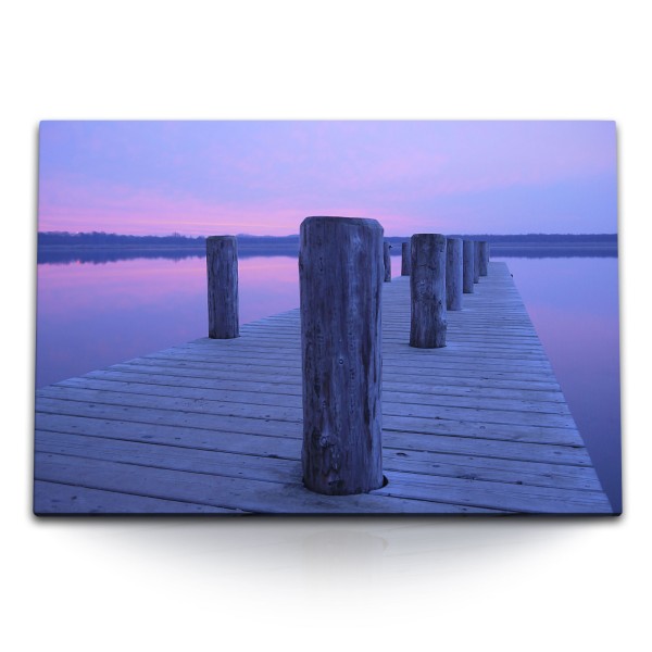 Paul Sinus Art 120x80cm Wandbild auf Leinwand Holzsteg See Natur Violett Abendrot Steg