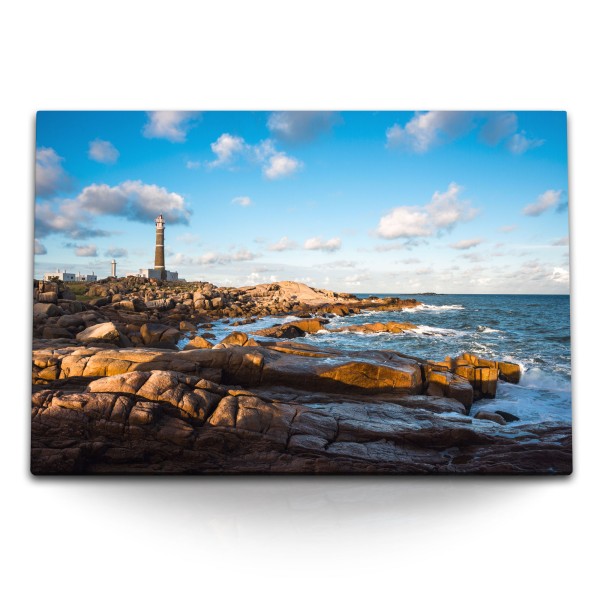 Paul Sinus Art 120x80cm Wandbild auf Leinwand Leuchtturm Steinküste Felsenküste Meer Ozean