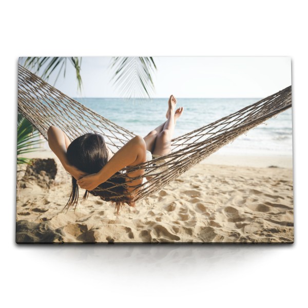 120x80cm Wandbild auf Leinwand Hängematte Strand Urlaub Meer Sonnenschein