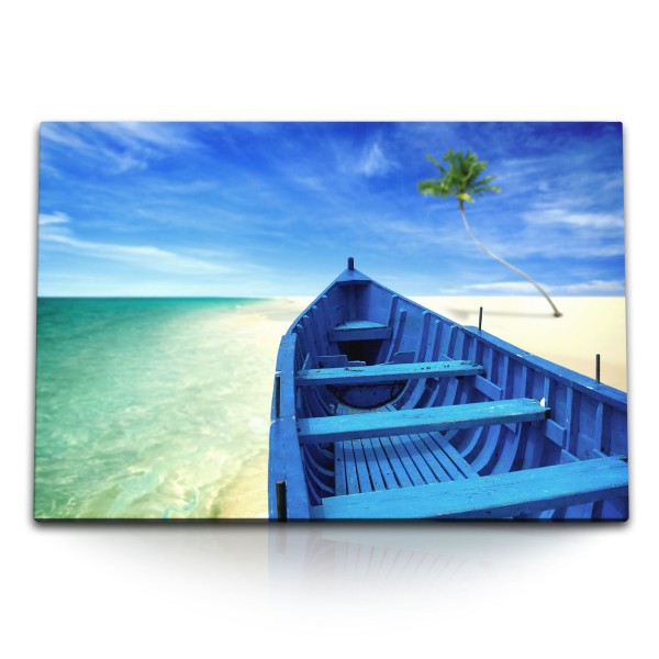 Paul Sinus Art 120x80cm Wandbild auf Leinwand Traumstrand Paradies Fischerboot Blau Palme