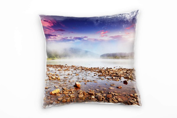 Paul Sinus Art Landschaft, braun, blau, rot, Fluss, Dunst, Sonne Deko Kissen 40x40cm für Couch Sofa Lounge Zierkiss