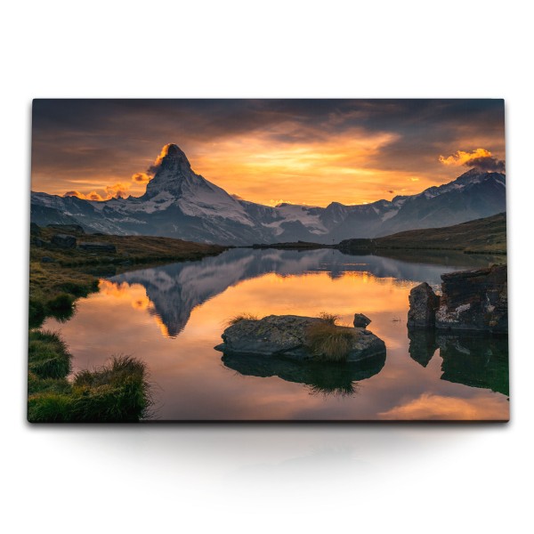 Paul Sinus Art 120x80cm Wandbild auf Leinwand Matterhorn Schweiz Bergsee Alpen Berggipfel Abendrot