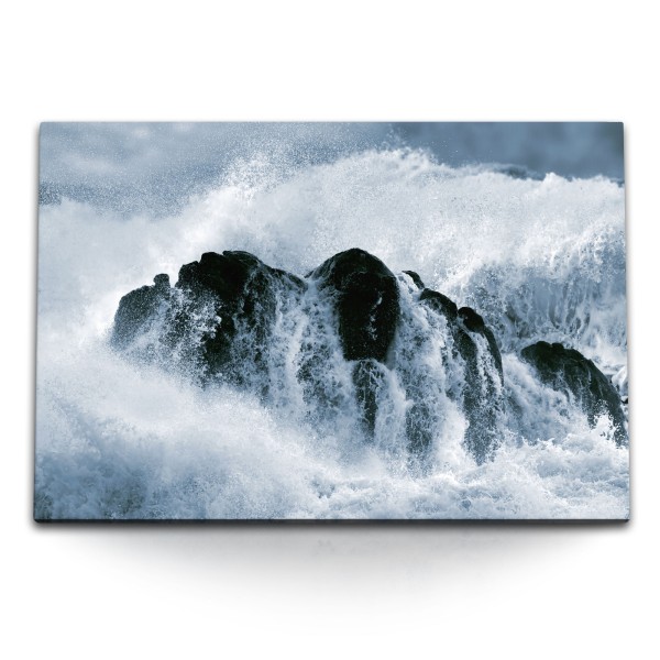 Paul Sinus Art 120x80cm Wandbild auf Leinwand Fels in der Brandung Meer Ozean Wellen Sturm