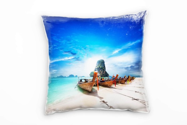 Paul Sinus Art Strand und Meer, Boot, hoher Kontrast, hellblau Deko Kissen 40x40cm für Couch Sofa Lounge Zierkissen