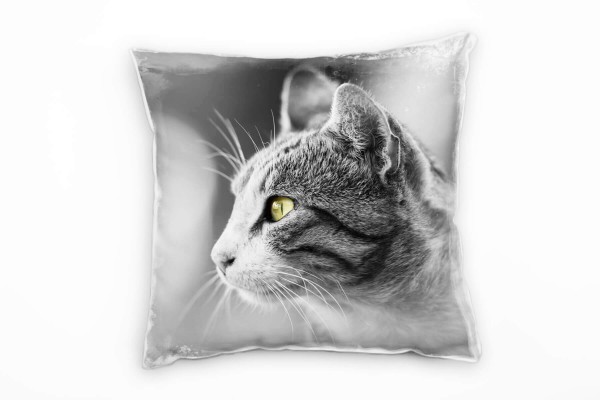 Paul Sinus Art Tiere, Katze, Portrait, grau, grün Deko Kissen 40x40cm für Couch Sofa Lounge Zierkissen