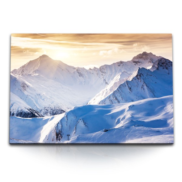 Paul Sinus Art 120x80cm Wandbild auf Leinwand Berge Alpen Schneeberge Schnee Sonnenuntergang