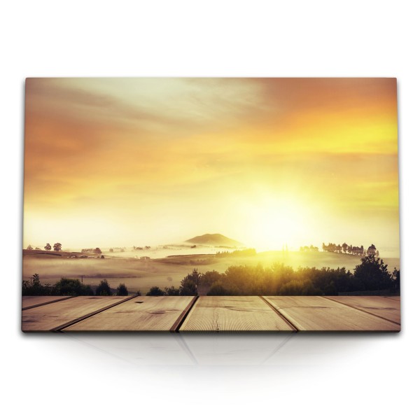 Paul Sinus Art 120x80cm Wandbild auf Leinwand Landschaftsbild Sonnenaufgang Morgentau Natur Nebel