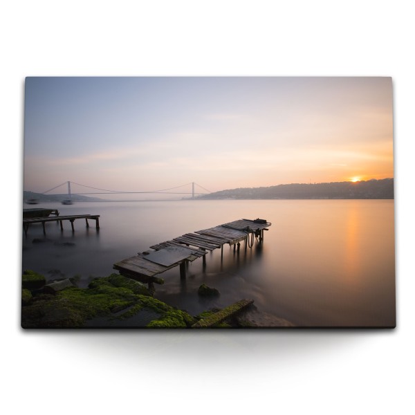 Paul Sinus Art 120x80cm Wandbild auf Leinwand Türkei Bosporus Brücke Sonnenuntergang Holzsteg