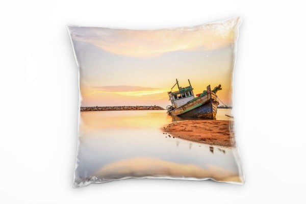 Paul Sinus Art Strand und Meer, Sonnenuntergang, Boot, orange Deko Kissen 40x40cm für Couch Sofa Lounge Zierkissen