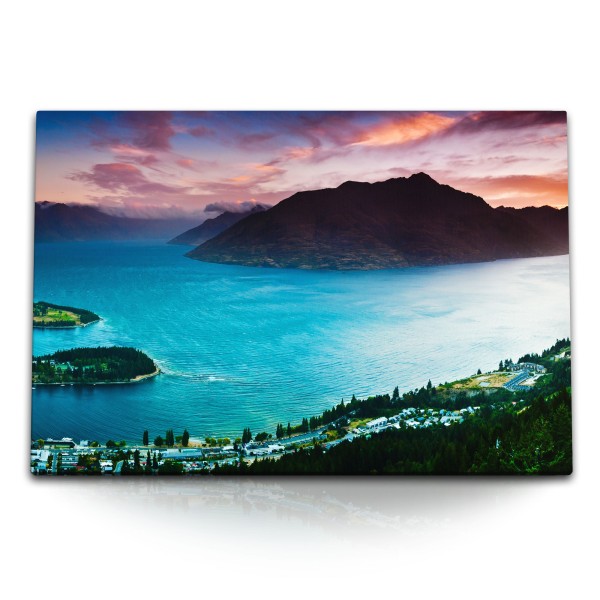 Paul Sinus Art 120x80cm Wandbild auf Leinwand Lake Wakatipu Neuseeland Natur See Berge Abendröte