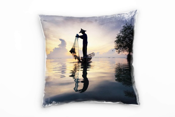 Paul Sinus Art Meer, Fischer, Sonnenaufgang, Netz, gelb, grau Deko Kissen 40x40cm für Couch Sofa Lounge Zierkissen