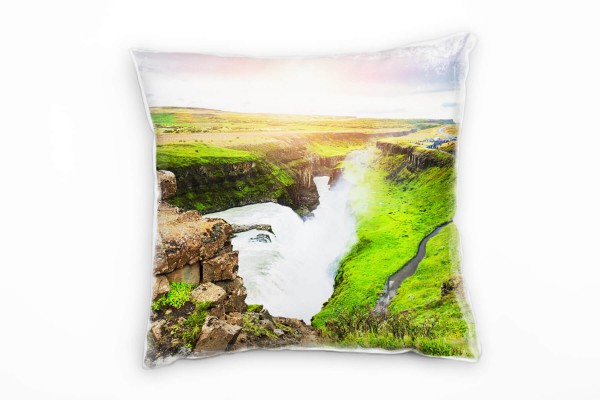 Paul Sinus Art Natur, Wasserfall, Island, grün, braun Deko Kissen 40x40cm für Couch Sofa Lounge Zierkissen