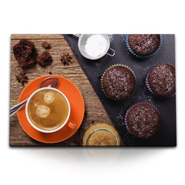 Paul Sinus Art 120x80cm Wandbild auf Leinwand Kaffee Kaffeetasse Kaffeepause Muffins Schokomuffins