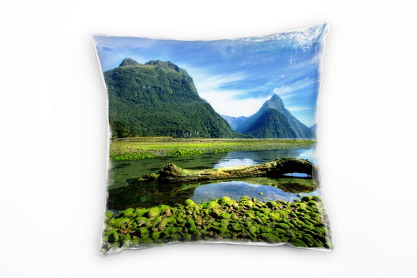 Paul Sinus Art Landschaft, blau, grün, Neuseeland, Berge, See Deko Kissen 40x40cm für Couch Sofa Lounge Zierkissen