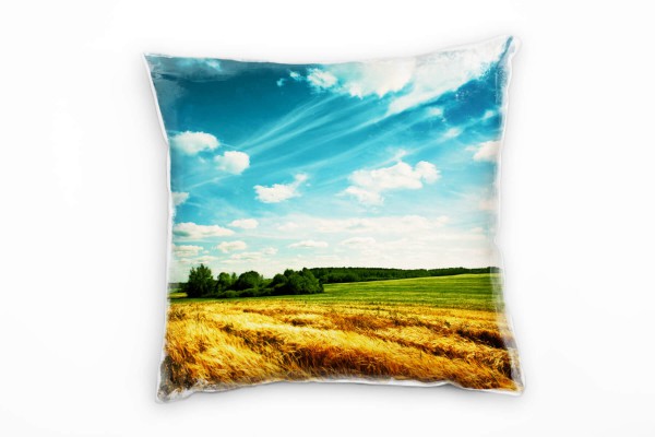 Paul Sinus Art Landschaft, Sommer, blau, braun, grün, Weizenfeld Deko Kissen 40x40cm für Couch Sofa Lounge Zierkiss