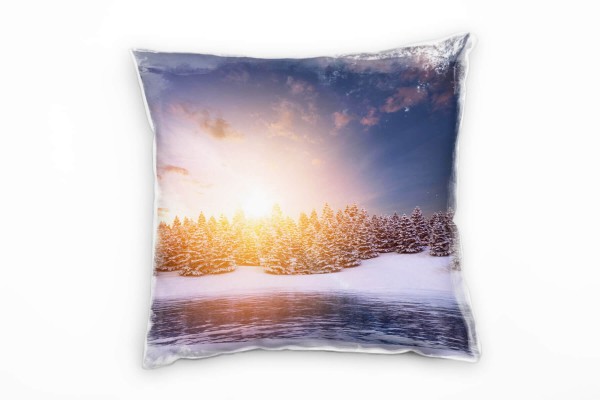 Paul Sinus Art Winter, weiß, blau, gelb, Schnee, Nadelbäume, Sonne Deko Kissen 40x40cm für Couch Sofa Lounge Zierk