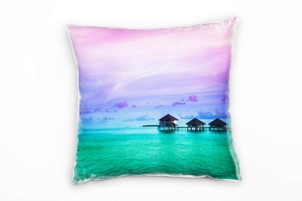 Paul Sinus Art Strand und Meer, Häuser, grünes Wasser, lila, pink Deko Kissen 40x40cm für Couch Sofa Lounge Zierkis