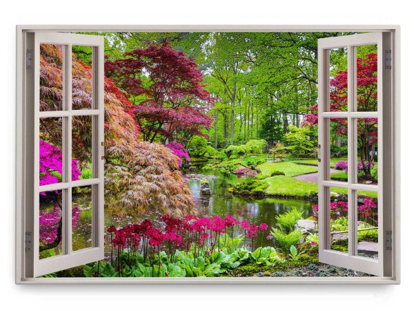 Paul Sinus Art Wandbild 120x80cm Fensterbild Japanischer Garten Grün Natur Park Teich