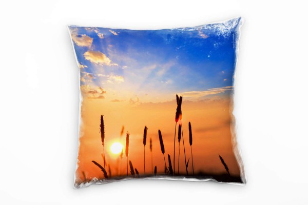 Paul Sinus Art Natur, orange, blau, Sonnenuntergang, Gräser Deko Kissen 40x40cm für Couch Sofa Lounge Zierkissen