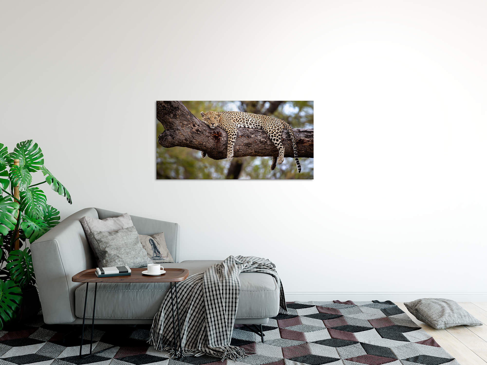 Leinwandbild 120x60cm Leopard döst im Afrika | - zu Art Baum Geschenke , Preisen Wandbilder Raubkatze & Einzigartige Designs, Wohnaccessoires Wildnis fairen Großkatze GmbH Sinus