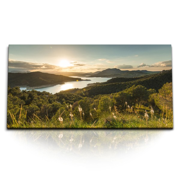 Kunstdruck Bilder 120x60cm Sonnenuntergang Berge See Natur Landschaft