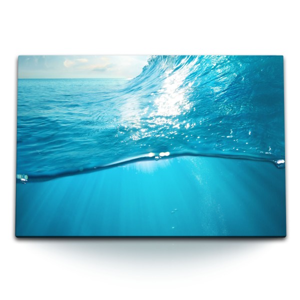 Paul Sinus Art 120x80cm Wandbild auf Leinwand Blaues Meer Welle Wasser Sonnenschein Hellblau