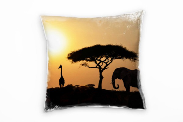 Paul Sinus Art Tiere, schwarz, orange, Giraffe, Elefant, Silhouetten Deko Kissen 40x40cm für Couch Sofa Lounge Zier