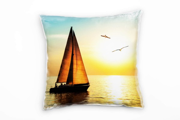 Paul Sinus Art Meer, blau, gelb, Segelboot, Sonnenuntergang, Möwen Deko Kissen 40x40cm für Couch Sofa Lounge Zierki