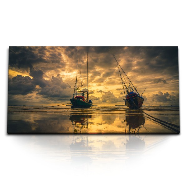 Paul Sinus Art Kunstdruck Bilder 120x60cm Ebbe Boote Fischerboot Abenddämmerung Wolken