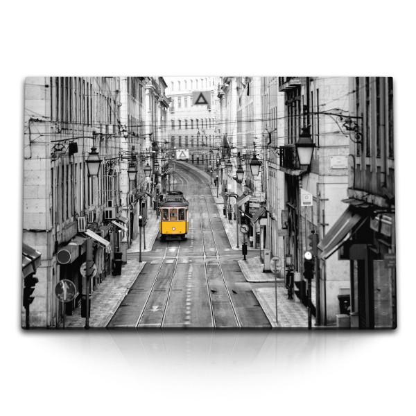 Paul Sinus Art 120x80cm Wandbild auf Leinwand San Francisco gelbe Straßenbahn Vintage Schwarz Weiß