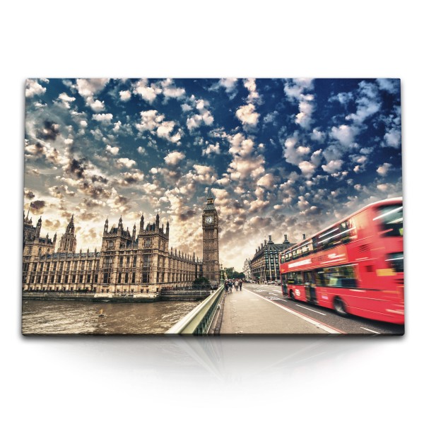 Paul Sinus Art 120x80cm Wandbild auf Leinwand London Big Ben roter Bus England Brücke