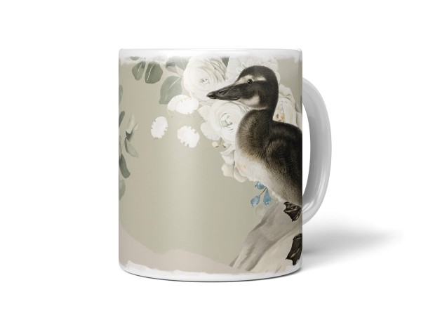 Paul Sinus Art Dekorative Tasse mit schönem Vogel Motiv kleine Ente Blumen Blüten Flauschig Pastelltöne