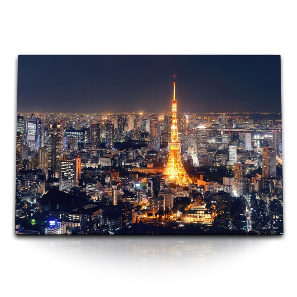 Paul Sinus Art 120x80cm Wandbild auf Leinwand Eiffelturm in Tokio Japan Nacht Großstadt