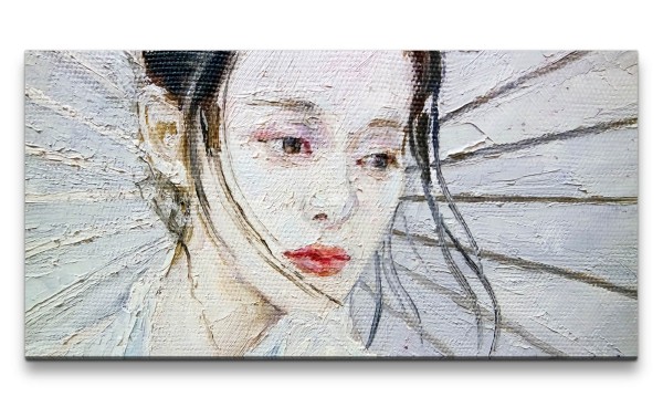 Paul Sinus Art Leinwandbild 120x60cm Geisha Malerisch Sonnenschirm junge Frau Kunstvoll