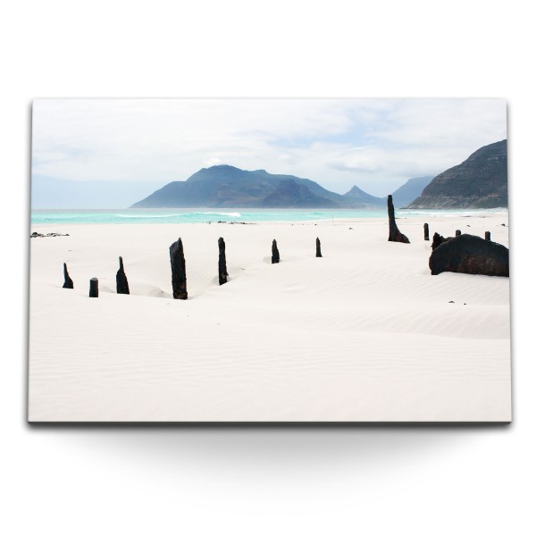 Paul Sinus Art 120x80cm Wandbild auf Leinwand Weißer Sandstrand Strand Treibholz Berge Küste