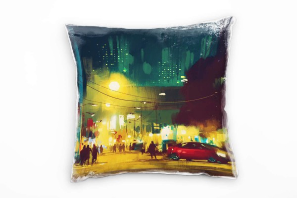 Paul Sinus Art City, Nacht, gemalt, orange, blau Deko Kissen 40x40cm für Couch Sofa Lounge Zierkissen