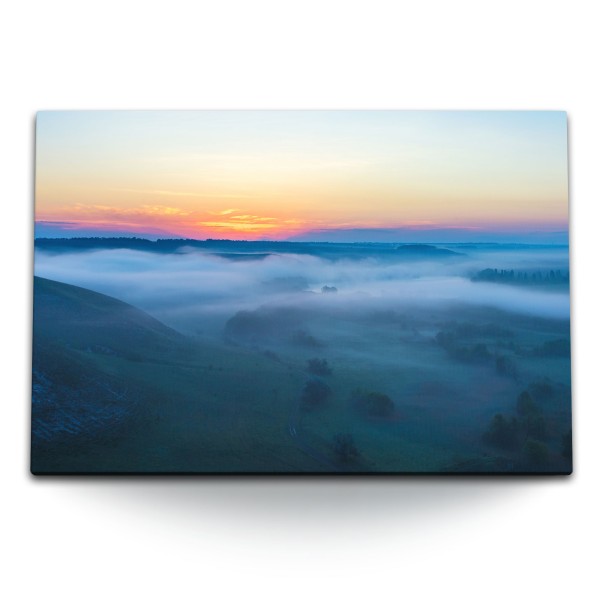 Paul Sinus Art 120x80cm Wandbild auf Leinwand Landschaftsbild blaue Stunde Sonnenaufgang Berge Nebel