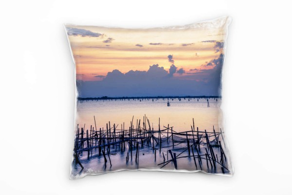 Paul Sinus Art Meer, Fischernetze, Sonnenuntergang, orange, grau Deko Kissen 40x40cm für Couch Sofa Lounge Zierkiss