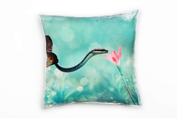 Paul Sinus Art Tiere, Schlange, Laubblatt, Blüte, türkis, pink, braun Deko Kissen 40x40cm für Couch Sofa Lounge Zie