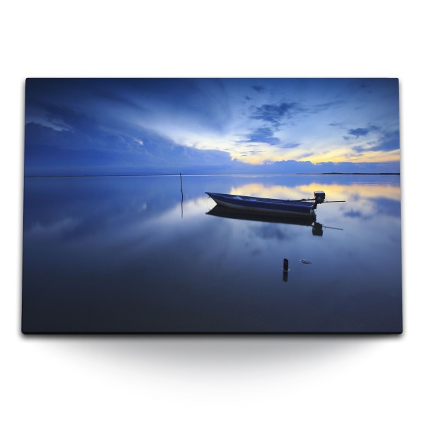 Paul Sinus Art 120x80cm Wandbild auf Leinwand Ruhige See Abenddämmerung Boot Horizont Sonnenuntergang