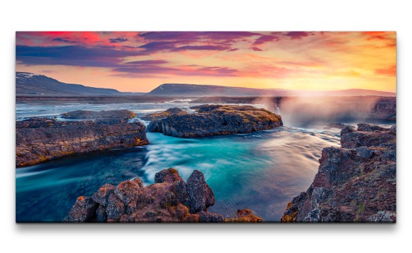 Paul Sinus Art Leinwandbild 120x60cm Godafoss Island Wasserfall Felsen Atemberaubend Sonnenuntergang