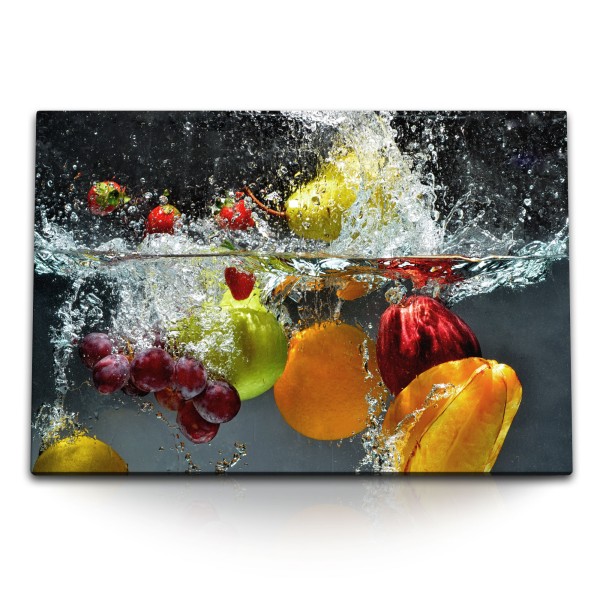 Paul Sinus Art 120x80cm Wandbild auf Leinwand Obst unter Wasser Orangen Kirschen Küche