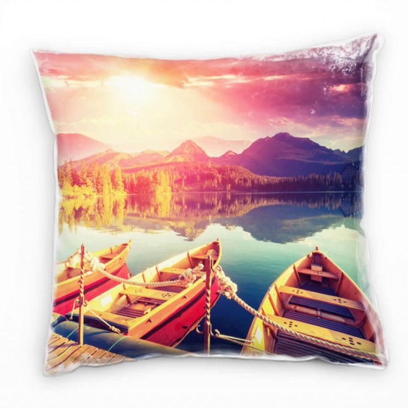 Seen, Boote, Sonnenuntergang, Wald, rot, türkis Deko Kissen 40x40cm für Couch Sofa Lounge Zierkissen