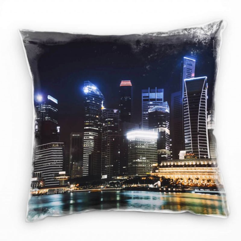 City, Singapur, Nacht, Hochhäuser, blau, grau Deko Kissen 40x40cm für Couch Sofa Lounge Zierkissen