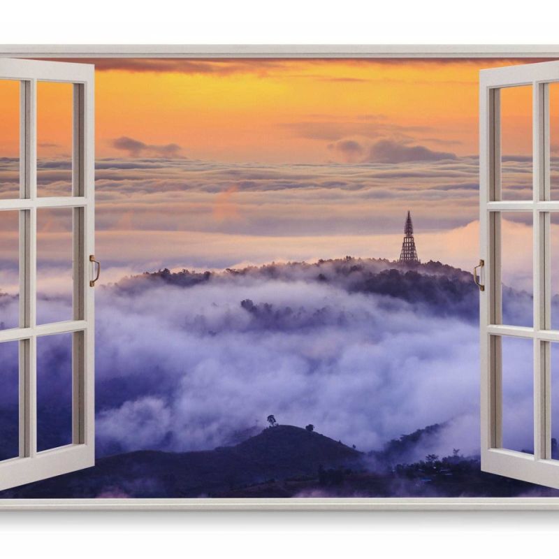 Wandbild 120x80cm Fensterbild Über den Wolken Berge Sonnenuntergang roter Himmel