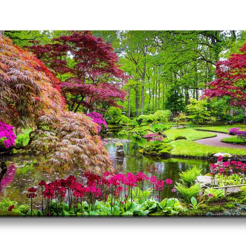 Leinwandbild 120x60cm Japanischer Garten Teich Bäume Idyllisch Harmonisch