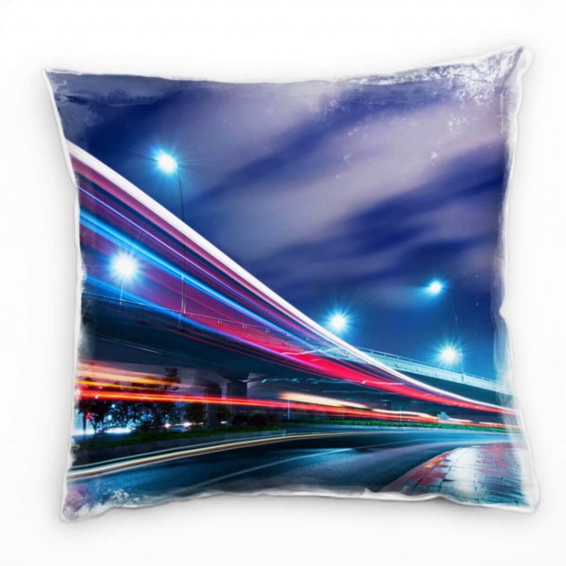 Urban und City, blau, rot, Lichtlinien, Nacht Deko Kissen 40x40cm für Couch Sofa Lounge Zierkissen