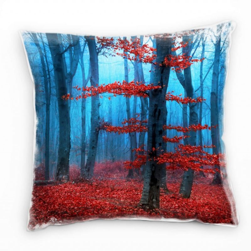 Natur, Herbst, rot, blau, Nebel, Wald Deko Kissen 40x40cm für Couch Sofa Lounge Zierkissen